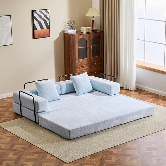 Folding Sofa Bed Convertible Sleeper Sofa Chenille Floor Couch with Pillows Fold Out Couch King Size Bed Futon  Foldable Memory Foam Mattress for Living Room Bedroom Playroom (Light Blue)