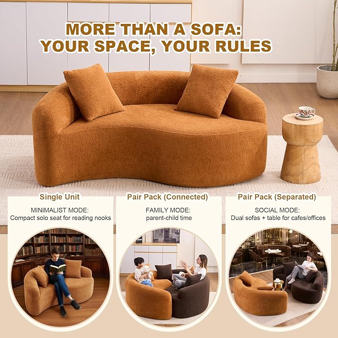 Modern Chenille S-Curved Modular Loveseat Sofa 66.9 Compression Sponge Boneless Couch No Assembly Required Cozy Upholstered Seating for Living Room Apartment Office or Meditation Space (Orange)