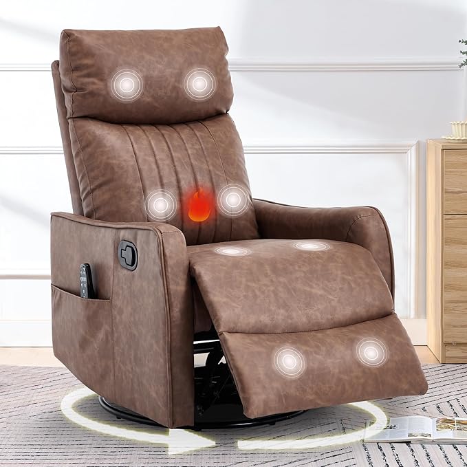 cinkehome Swivel Rocker Recliner Glider Rocker Recliner Chair for Nursery Manual Reclining Chair with Heated Massage Small Spaces Living Room Faux Leather Light Brown