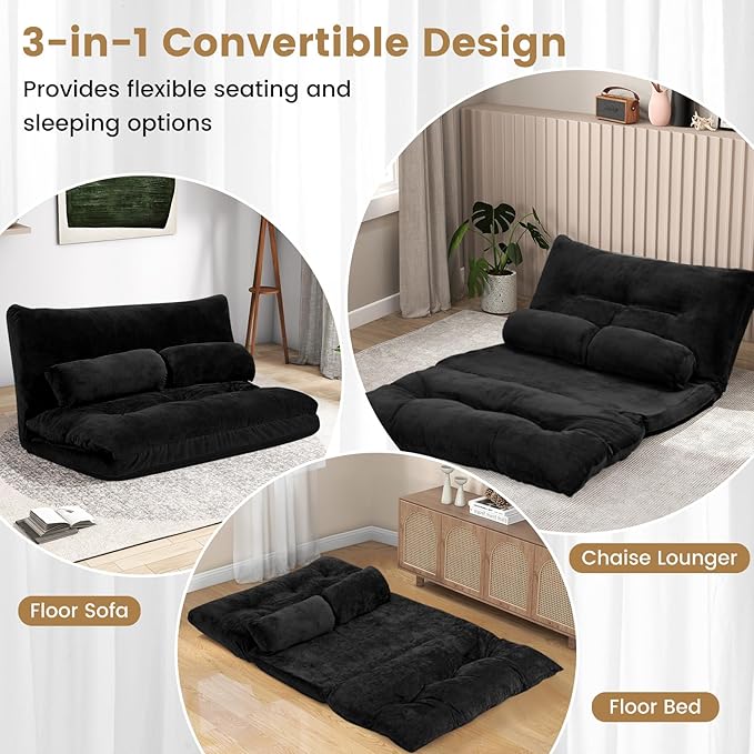 KOMFOTT Foldable Floor Lazy Sofa with 2 Pillows 6-Position Adjustable Reclining Sofa Sleeper Bed Convertible Futon Couch Bed Floor Couch Lounge for Relaxing Reading Playing Gaming (Black)