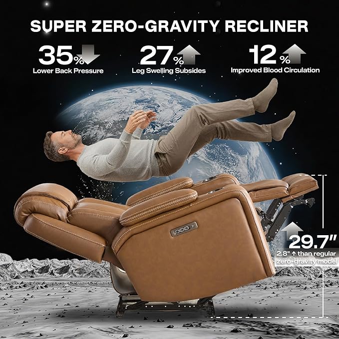 Watson &amp Whitely Genuine Leather Electric Recliner Chairs Oversized Super Zero Gravity Recliner Triple-Motor W Adjustable Lumbar Headrest Support &amp Hidden Storage Saddle Brown