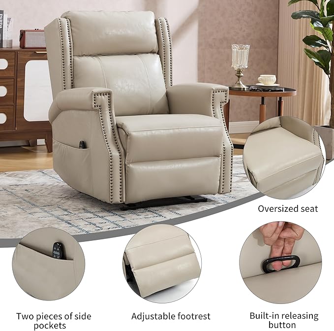 Manual Recliner Chair Faux Leather Push Back Recliners with Vibration Massage Lumbar Heat Living Room Single Sofa Reclining Rivet Design Chair Grayish Beige