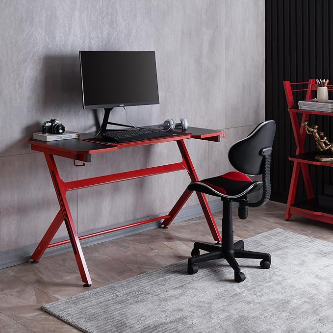 JJS 48 Home Office Gaming Computer Desk R Shaped Large Gamer Workstation PC Table with Cup Holder Headphone Hook Free Mouse pad Black/Red