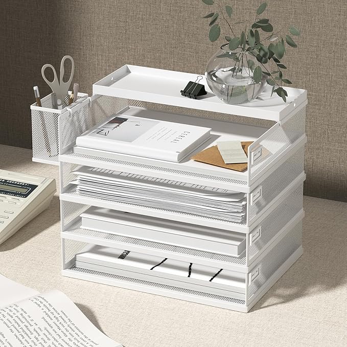 Metal Stackable Letter Trays 4-Tier Desk Organizer &amp Paper Trays for Office Stackable File &amp Document Tray with Magnetic LabelsWhite