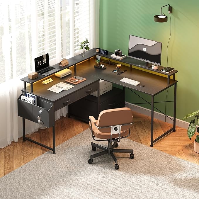 L Shaped Desk with 4 Fabric Drawers 78.7 Home Office Desk with Printer Storage Shelf &amp Power Outlet Two Person Desk with Monitor Shelf Corner Computer Desk Gaming Desk with Led Lights Black
