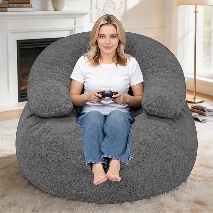 HABUTWAY Giant Bean Bag Chair Oversized Beanbag Chair with Filler Ultra Soft Teddy Fleece Bean Bag Lounge Floor Sofa w/U-Shaped Pillow for Gaming Reading Grey &amp Grey