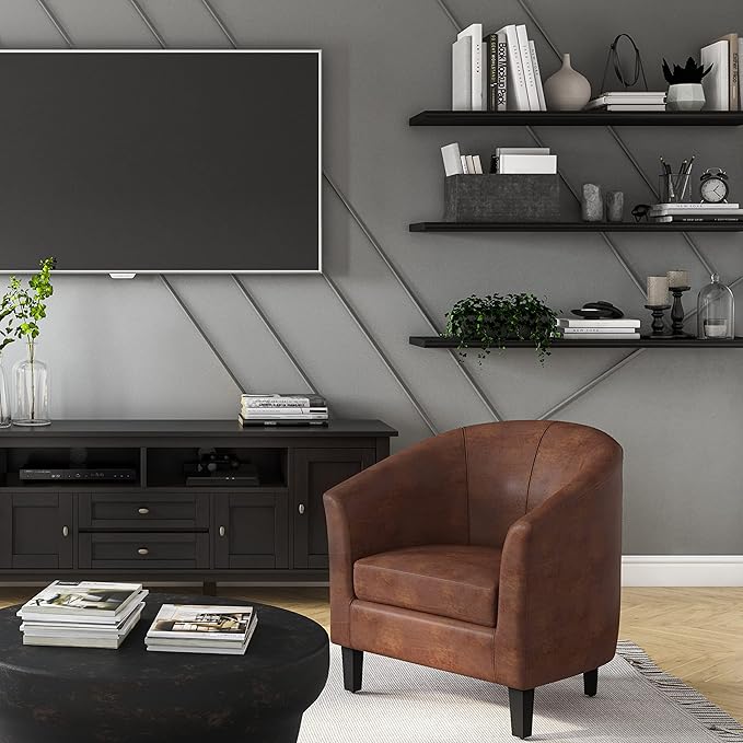 SIMPLIHOME Austin Tub Chair - 30 inch Wide Upholstered Faux Leather Contemporary Accent Chair in Distressed Saddle Brown for Living Room or Study with High Arms Removable Cushion