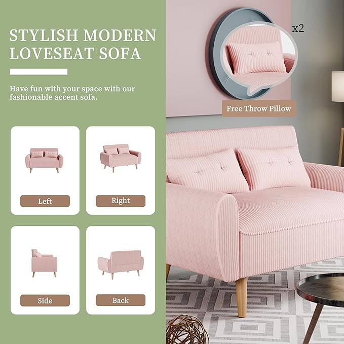 Vongrasig 47 Small Modern Loveseat Sofa Mid Century Soft Corduroy Fabric 2-Seat Sofa Couch Tufted Love Seat with Back Cushions and Tapered Legs for Living Room Bedroom and Small Space (Pink)