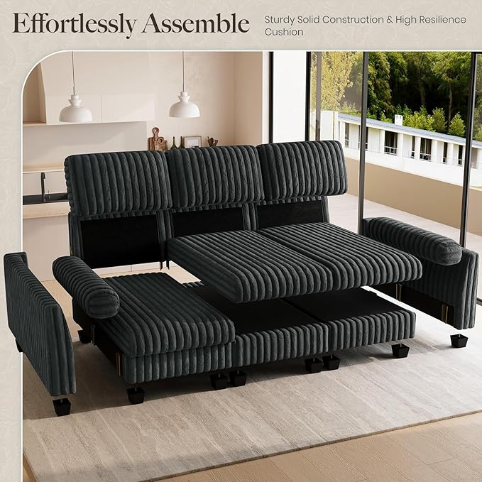 Belffin 86.2 Modular Sectional SofaPlush Corduroy Sectional Couches for Living RoomComfy Deep Seat Sofa with Soft Pillows for Apartment Living Room Bedroom Grey Sofa