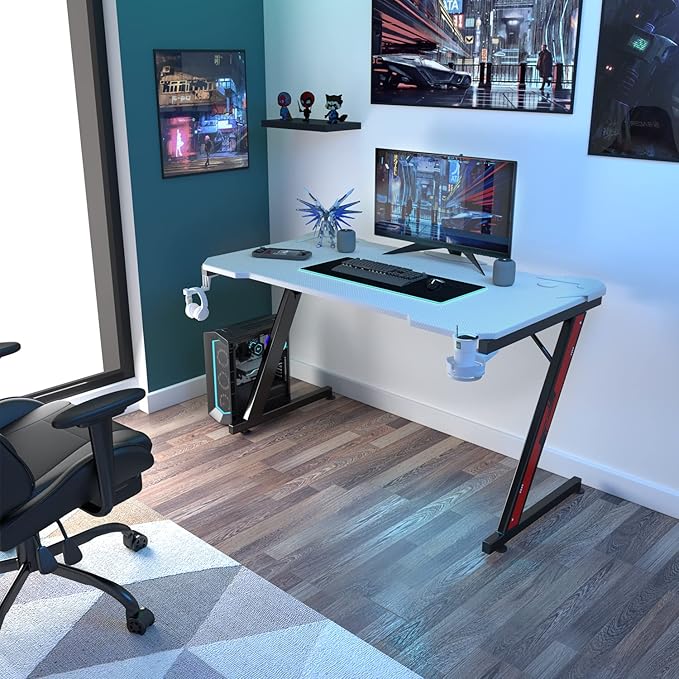 Homall Gaming Computer Desk with Carbon Fiber Surface Gaming Table Z Shaped Pc Home Office with Cup Holder&ampHeadphone Hook(44 in White)