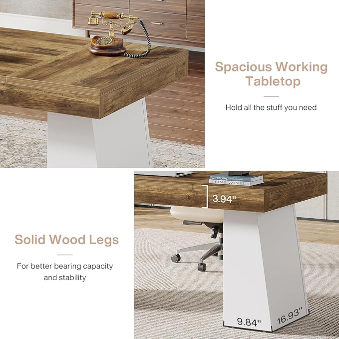 Tribesigns 55 Inches Executive Desk Mid-Century Modern Home Office Desk Wood Computer Table Business Workstation Small Conference Table White &amp Brown