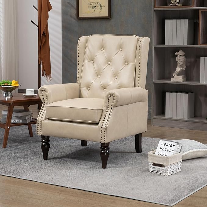 Brown Leather Accent Chair with High Back Vintage Tufted Wingback Chair with Arms &amp Rivet Upholstered Armchair &amp Single Sofa Chairs for Living Room Bedroom Office Apartment (Beige)
