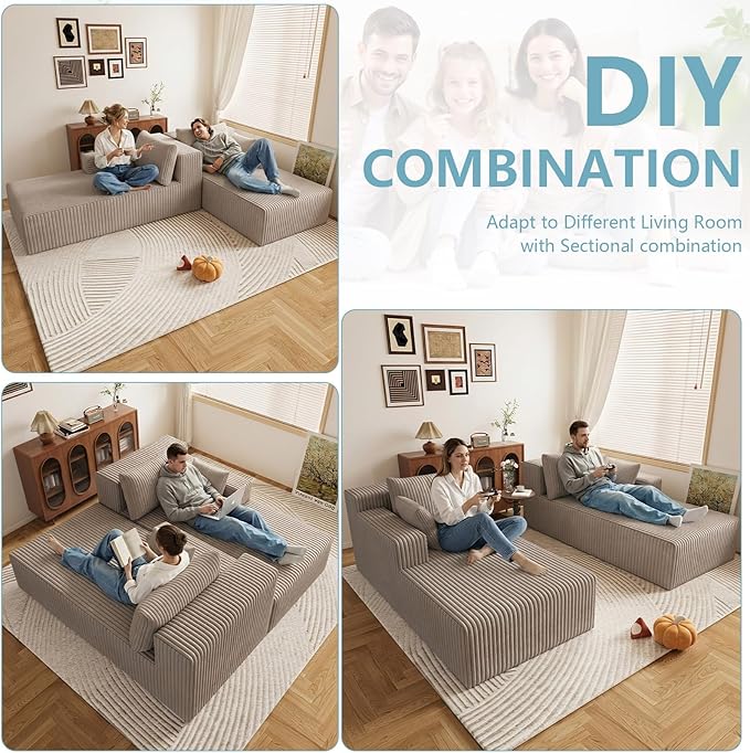 71Oversized Chaise Lounge ChairSectional Double Lounge Chaise with Pillows Upholstered Corduroy Boneless Lounge Chair Fluffy Modern Loveseat Sleeper Sofa for Living Room or Bedroom(Camel)