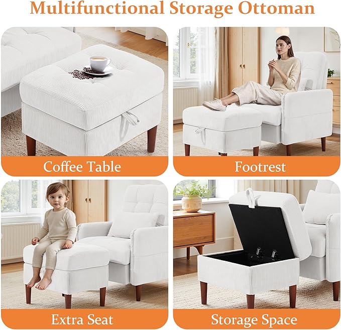 Accent Chairs with Storage Ottoman Corduroy Fabric Armchair with Adjustable Backrest and Side Pockets Mid Century Modern Reading Sofa Chair for Living Room Bedroom (White Set of 2)