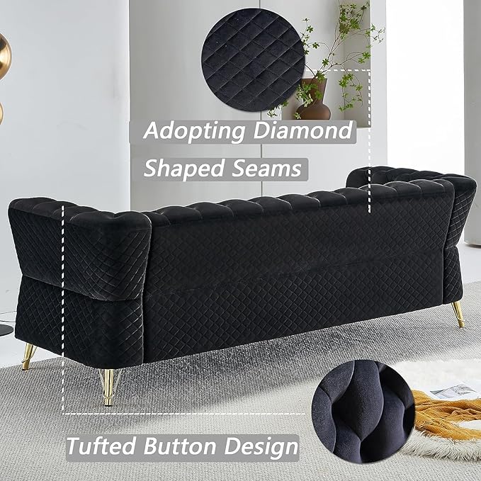 KEVINSPACE 87.4 Velvet Modern Chesterfield Tufted 3 Seater Button Sofa Mid Century with Unique Arms for Living Room Bedroom Small Space - Black