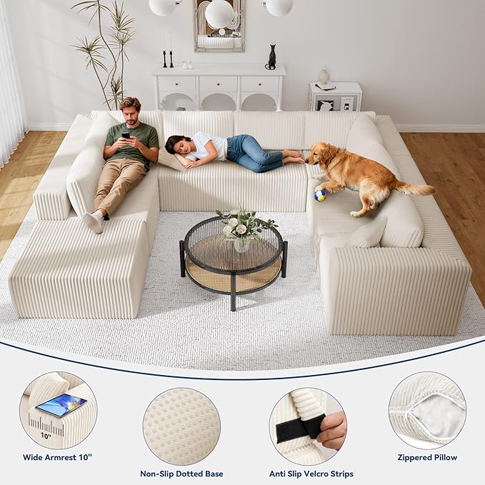 135 U Shaped Boneless Couch Oversized Boneless Sectional Couches for Living Room Large Modular Sofa with Ottoman Plush Corduroy Couch with Deep Seat Chaise No Assembly Beige