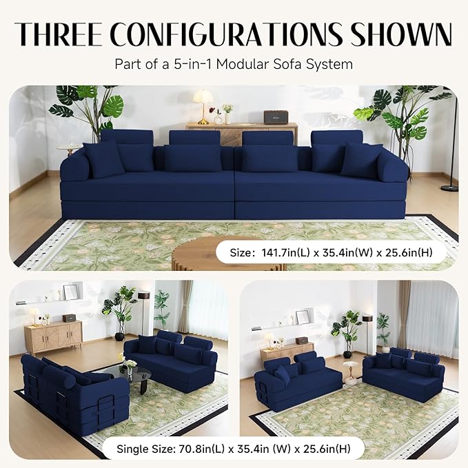 106 L-Shaped Modular Boneless Couch 2-Piece System (2×70.87) Convertible Sectional to 141.7 Straight Sofa Corduroy Couch in a Box Headrest &amp Back Pillows for Living Room Navy Blue