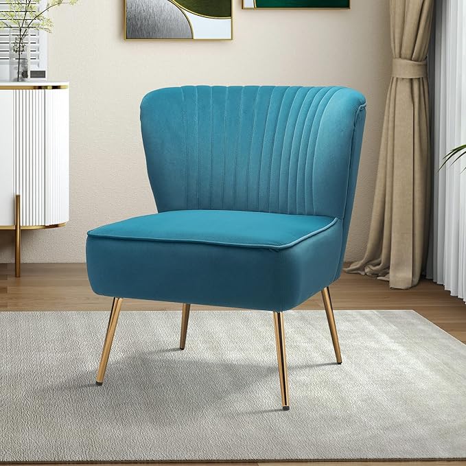 Tina's Home Velvet Armless Accent Chair Upholstered Modern Small Side Chair with Golden Legs Comfy Cute Wingback Slipper Chair for Living Room Study Beauty Room Thickly Padded(Blue)