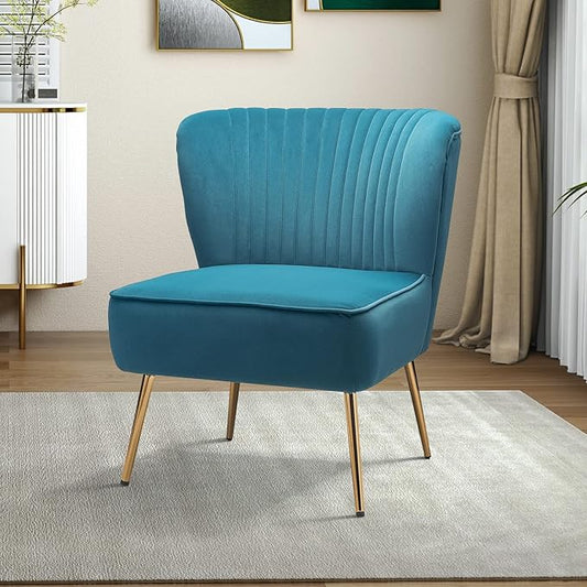 Tina's Home Velvet Armless Accent Chair Upholstered Modern Small Side Chair with Golden Legs Comfy Cute Wingback Slipper Chair for Living Room Study Beauty Room Thickly Padded(Blue)