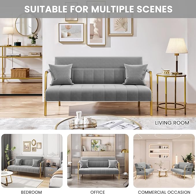 Yaheetech 56.5 W Modern Sofa Small Sofa Luxurious Velvet Fabric Couch with Gold-Tone Metal Arms and Legs for Living Room Home Office Studio Light Gray