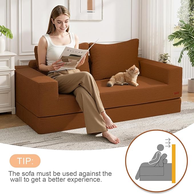 COMAX Convertible Sofa Bed Queen Corduroy Folding Floor Couch Pull Out Couch Bed Futon Sleeper with Pillows Fold Out Boneless Sofa Comfy Lounge Mattress Loveseat for Living Room Bedroom Orange