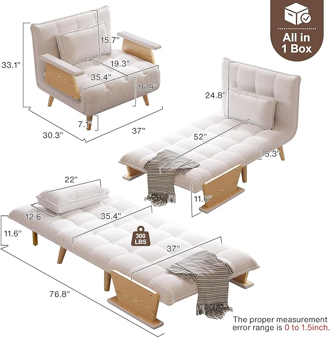 JASIWAY Convertible Sleeper Chair for Small Spaces 3-in-1 Convertable Single Chair Bed for Adults Fold-Out Futon Sofa Sleeper That Turn into Beds Adjustable Backrest(76.8 D X 37 W)