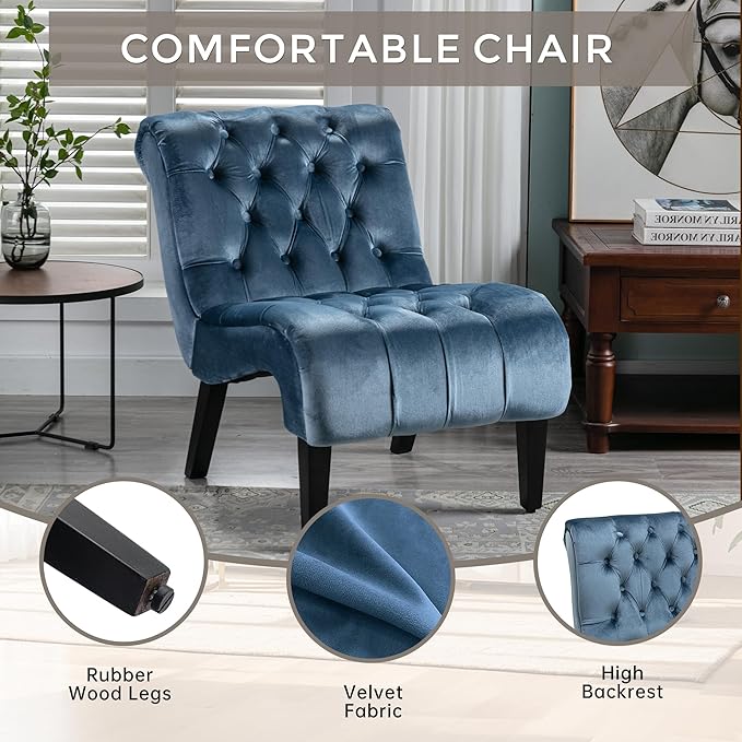 Accent Chair Living Room Reading Chairs Comfy Velvet Upholstered Mid Century Modern Accent Chair Tufted Back Armless Chair with Wooden Legs for Living Room Bedroom Office Light Blue