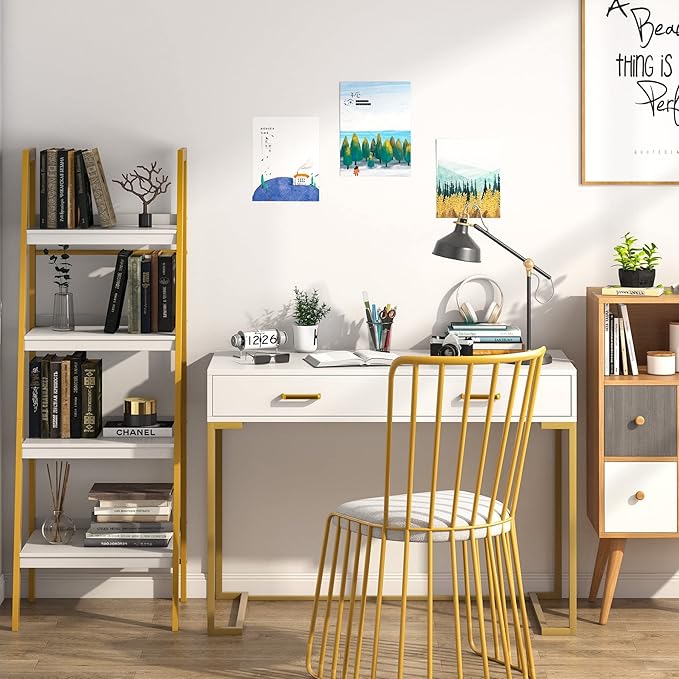 Modern Computer Desk/Writing with 2 Drawers for Bedroom Home Office Gold White Contemporary Rectangular Metal Wood Matte
