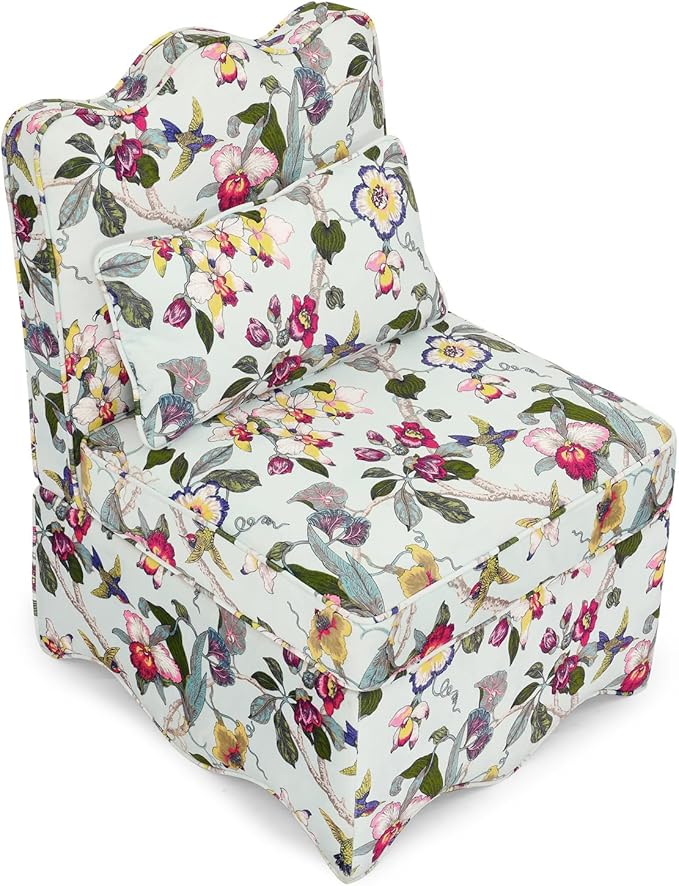 Polibi Retro Single Chair with Flower Pattern and Wave-Shape Edge Flannel Upholstered Armless Sofa Chair with Seat Cushion and Pillow for Living Room Bedroom Red+Yellow Flower