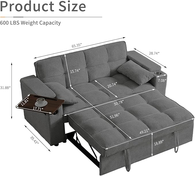 65'' 3-in-1 Folding Convertible Sofa Bed Queen Size Pullout Sofa Modern Chenille Fabric 360° Swivel Side Table Easy Assembly Perfect for Living Room