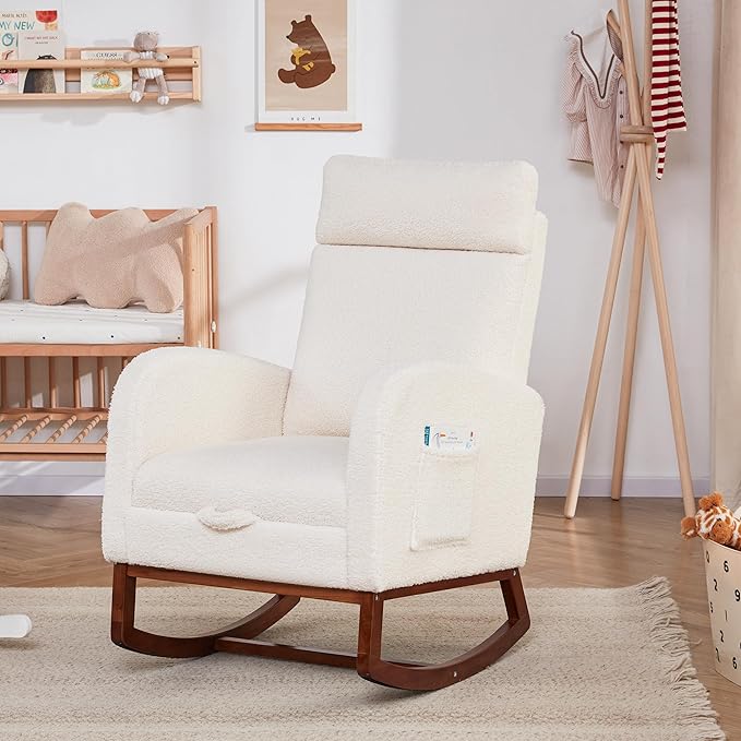 Nursery Rocking Chairs with Foot Rest Rocking Chair Nursery Chair with High Back Glider Rocking Chair Baby Nursery Glider Rocker Nursing Chair Accent Living Room (Teddy White)