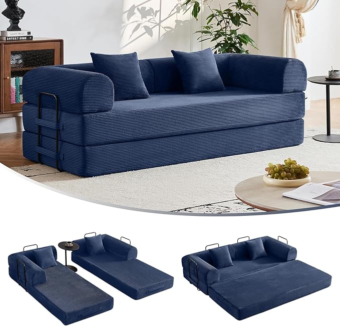 Convertible Sleeper Sofa Bed 1600lbs Weight Capacity Floor Sofa Bed with Fixed-Shape Frame Corduroy Foldable Couch for Small Space Lounge Mattress for Living Room Apartment Game Room (Blue)