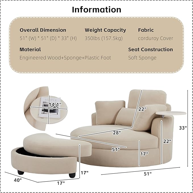 DEINPPA Swivel Accent Chair with Armrest Tray Round Barrel Chairs with Ottoman for Living Room Bedroom-Corduroy Fabric-Beige