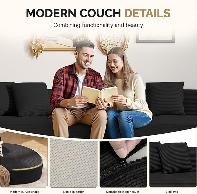 128 Oversized Modern Curved SofaBoneless Cloud Sectional Couch with Deep SeatNo Assembly Required Corduroy Couches for Living RoomBlack1 PCS