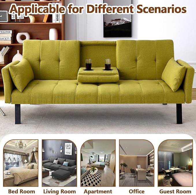 72 Cotton Linen Futon Couch Living Room Couch Bed Convertible Sleeper Sofa Bed with Cup Holder for Bedroom Guest Bed 2 Seater Reclining Sofas Couches with Nailhead Trim for Small Space (Green)