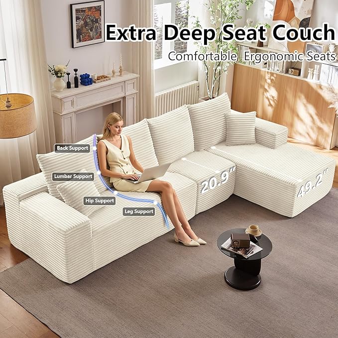 135 Cloud Sectional Couch with L-Shape Chaise Modern Modular Comfy Sofa Chaise Longue Upholstered Corduroy Couches Sleeper with Deep Seat for Living Room Bedroom No Assembly Required White