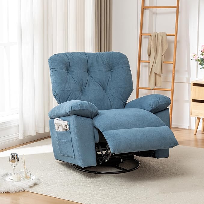 Rocking Recliner Chair 360 Degree Swivel Recliner Chairs with Pocket for Adults Comfy Glider Recliner Nursery Chair with High Back for Living Room Bedroom (Blue)
