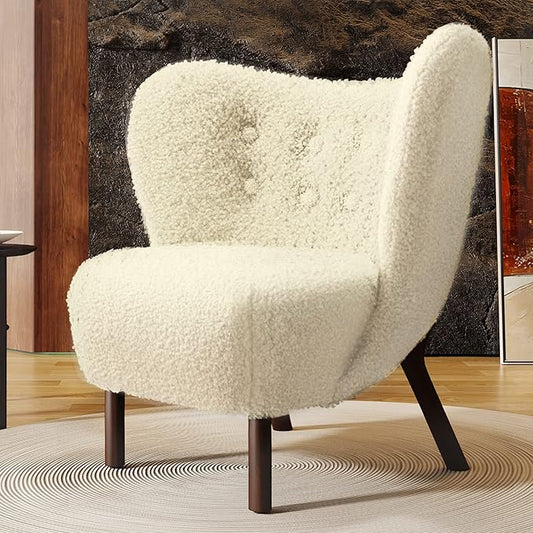 Modern Accent Chair Lambskin Wingback Tufted Side Chair with Solid Wood Legs for Living Room BedroomCream