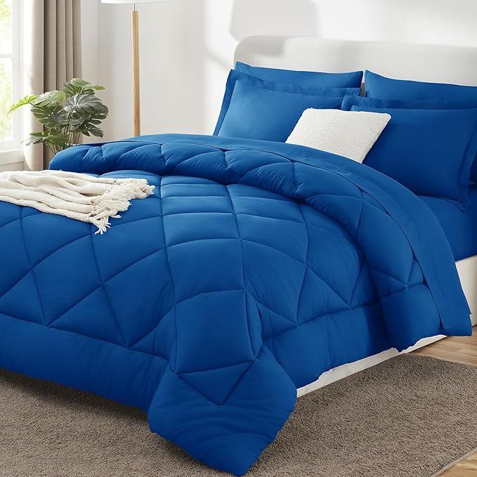 CozyLux Queen Comforter Set Classic Blue - Bed in a Bag Queen Size 7 Pieces Luxury Soft Bed Set for All Seasons Bedding Set with Down Alternative Comforter Sheets Pillowcases &amp Shams