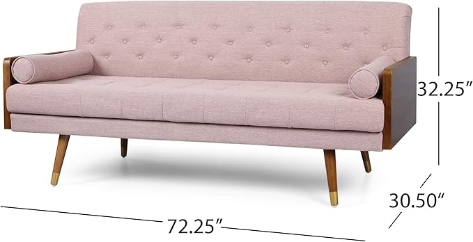 GDFStudio Aidan Mid-Century Modern Tufted Fabric Sofa Light Blush and Dark Walnut
