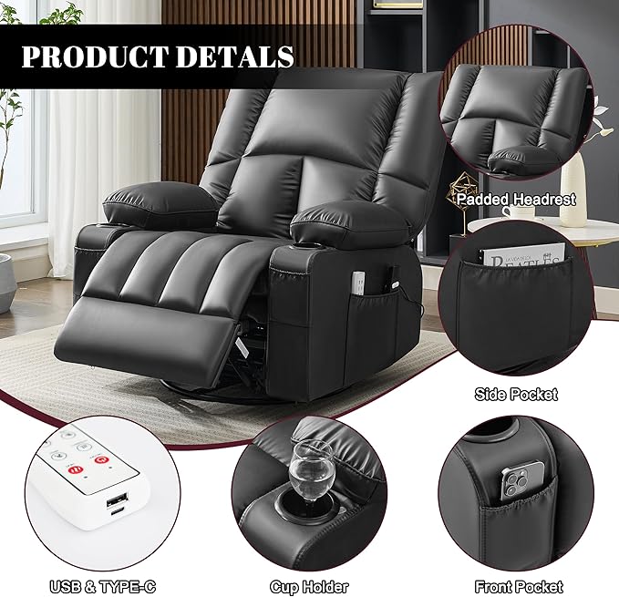 Oversized Recliner Chairs for Adults 270° Swivel Rocker Recliner with Heat and Massage Lazy Boy ReclinerRecliner Chairs Single Sofa Seat with Cup Holders (BlackElectric)
