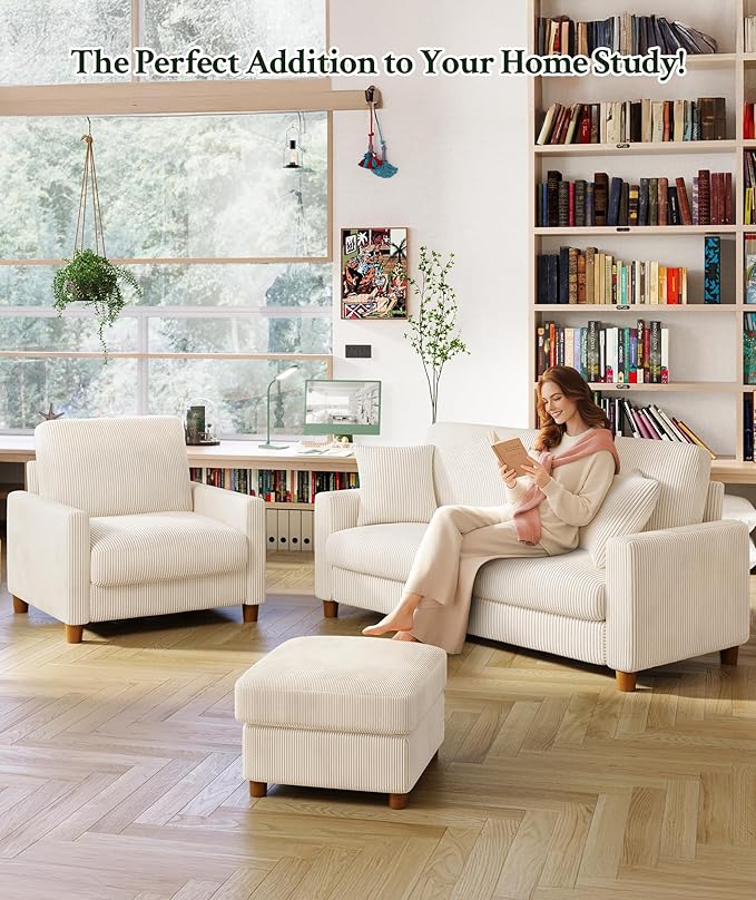 25.2 Couches for Living Room Comfy Beige Ottoman with Storage Foot Rest Tool-Free Setup Small Ottoman Foot Rest for Couch Corduroy Couch for Bedroom Apartment Office