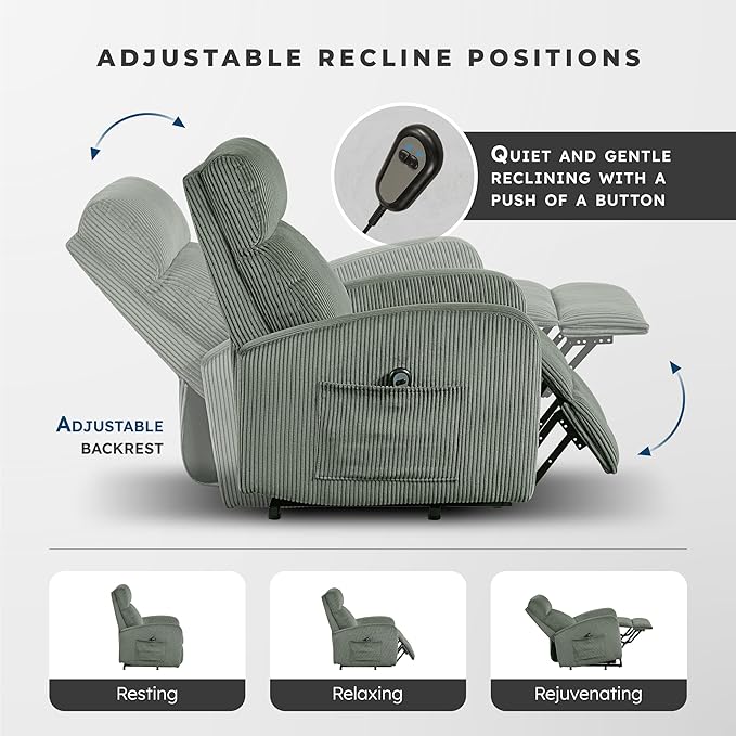 Lexicon Power Lift Recliner Chair for Elderly with Remote Control Gentle Lift Motion Side Pocket Armrest Corduroy Upholstered Electric Recliner for Living Room/Bedroom Easy Assembly Green