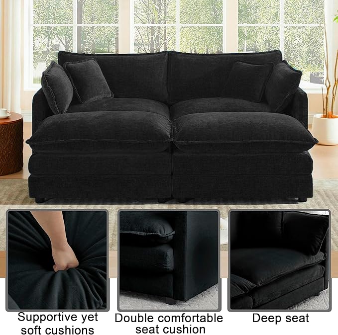 Small Sectional Couch76.7 Small L Shaped Cloud Sofa with Movable OttomanSofa Set for Living RoomApartmentsBlack