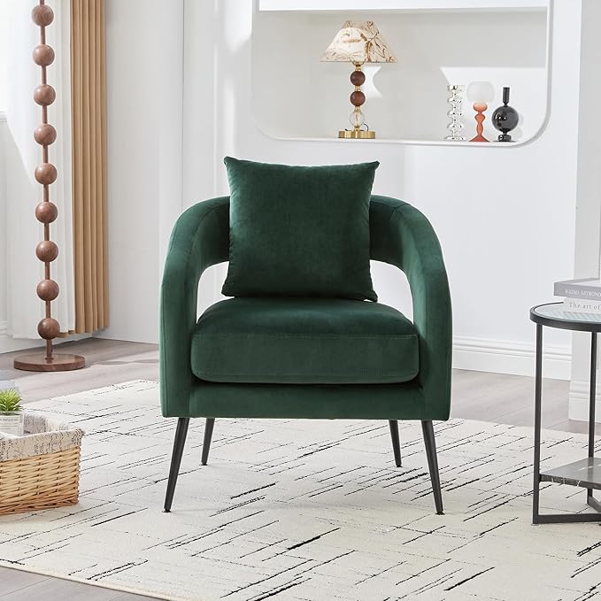 Mid Century Modern Accent Armchair - Velvet Upholstery with Removable CushionRound Arms &amp Sturdy Metal LegsComfortable Reading Chair for Living RoomBedroomApartment - Green FabricBlack Legs