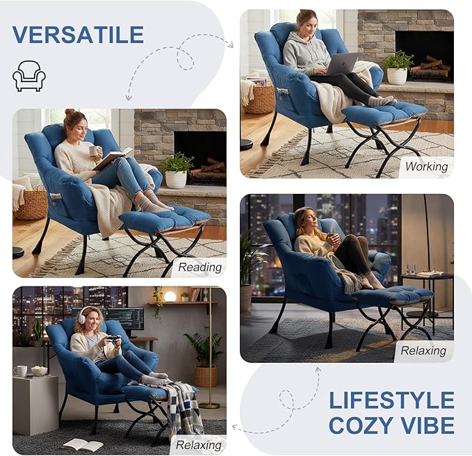 Lazy Chair with Ottoman Modern Lounge Chair with Lumbar Pillow Accent Cozy Reading Armchair and Folding Footstool for Bedroom Dorm Living RoomPeacock Blue