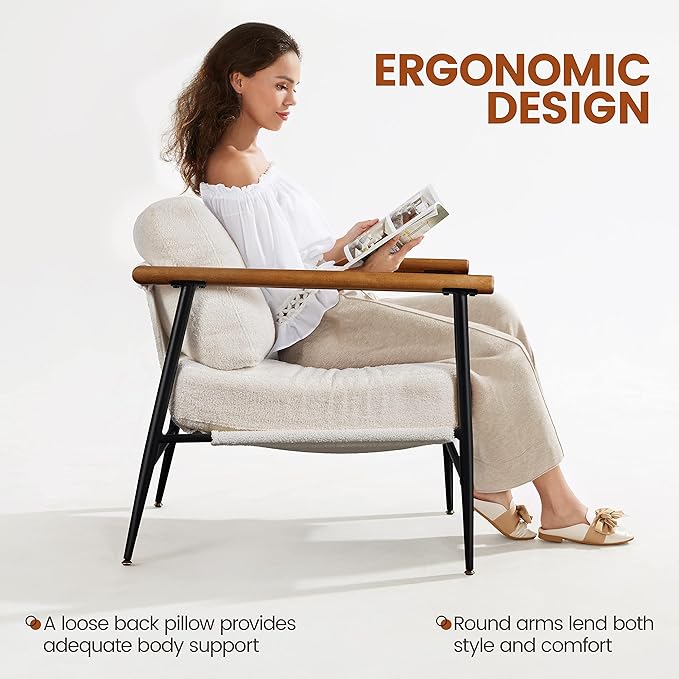 Topeakmart Mid-Century Boucle Accent Chair Reading Chair with Stylish Boucle Fabric Lounge Chair with Ultra-Long Armrest and Extra-Wide Seat for Living Room Lounge Office Ivory 2PCS