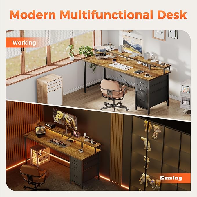 Mericonia Computer Desk 63 inch with Power Outlets &amp LED Lights Gaming Desk with 3 Drawers for Home Office Small Desk with Monitor Stand for Small Spaces Study Writing Desk
