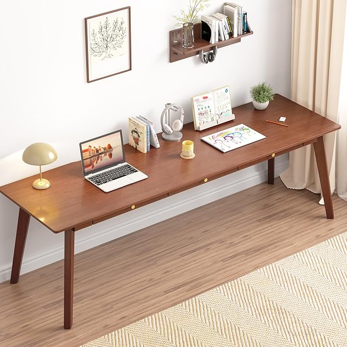 100% Solid Wood Desk 71 Mid Century Modern Desk with 3 Drawers Large 2 Person Vintage Writing Desk Simple Wooden Table for Restaurants Home Offices