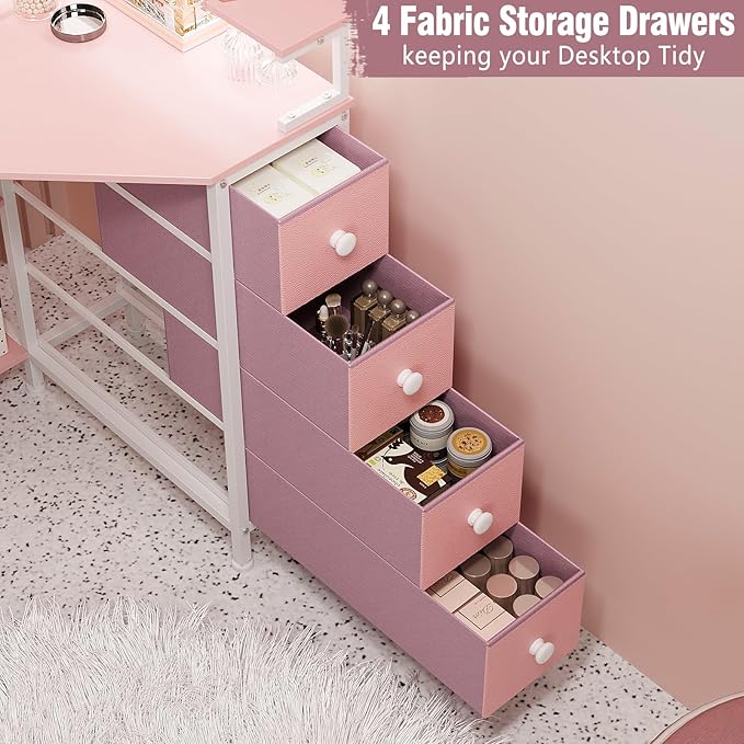 Corner Desk with Drawers Shelves for Small Space 90 Degrees Triangle Computer Desk with Power OutletsGaming Desk with LED Lights Monitor Stand for Home Office Workstation Writing Table (Pink)